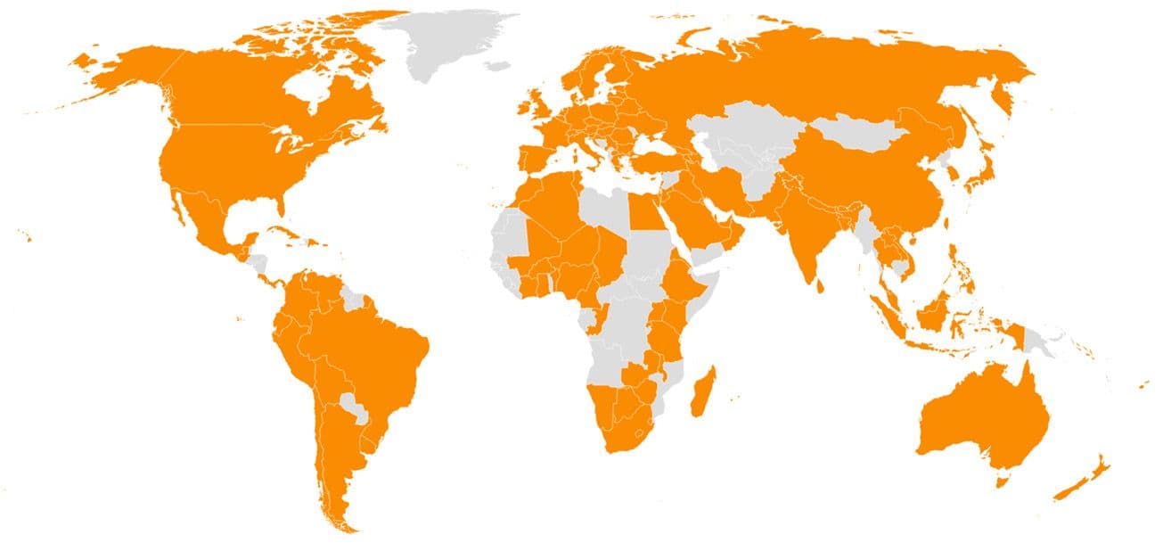 World map: countries where FABI's co-authors were institutionally affiliated are highlighted in orange