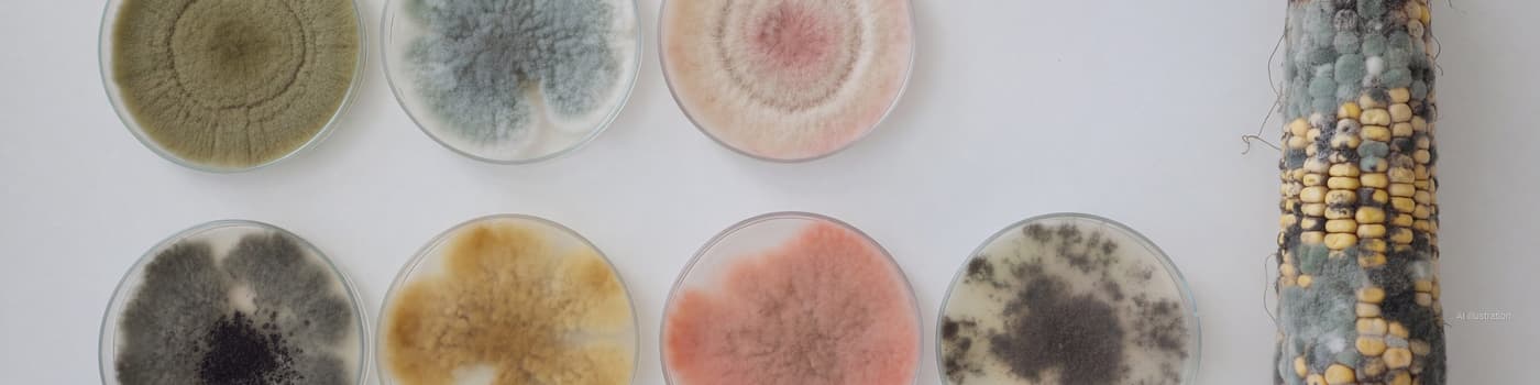 An array of petri dishes with Aspergillus, Penicillium, Fusarium and Alternaria colonies in greens, yellows, pinks and greys, beside a mouldy maize cob (illustration)