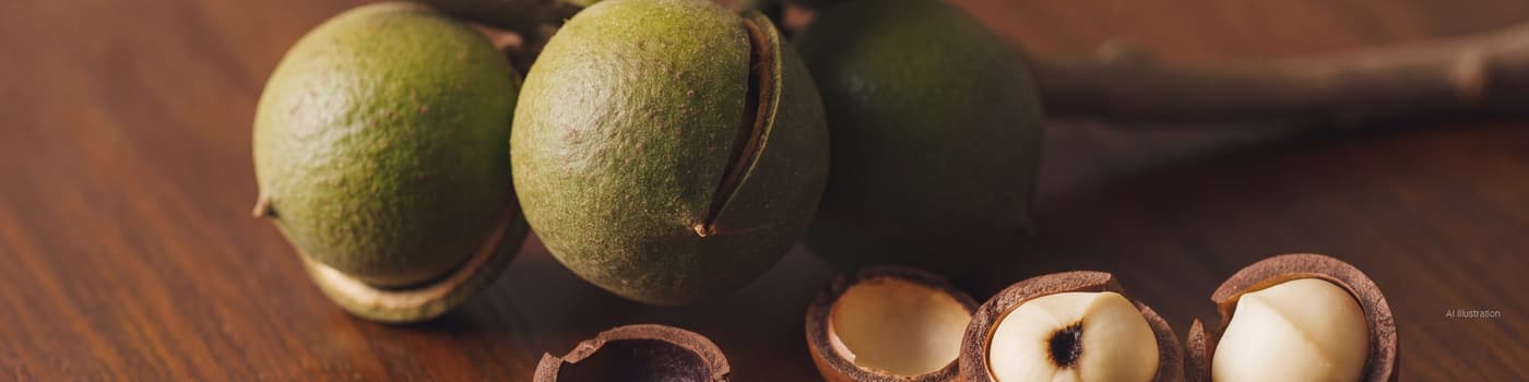Macadamia nuts in green husks on a branch and several cracked shells showing cream kernels, one nut with a stink-bug puncture mark (illustration)