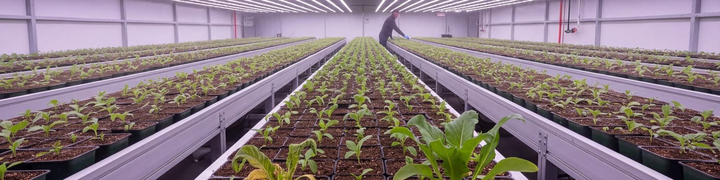 Rows of young crop plants in pots on conveyor benches under LED arrays, one drought-stressed plant beside a healthy one (illustration)