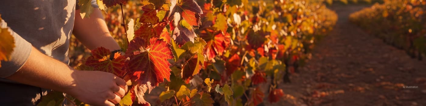 Grapevine leaves turned red between green veins from leafroll disease on a vine row (illustration)