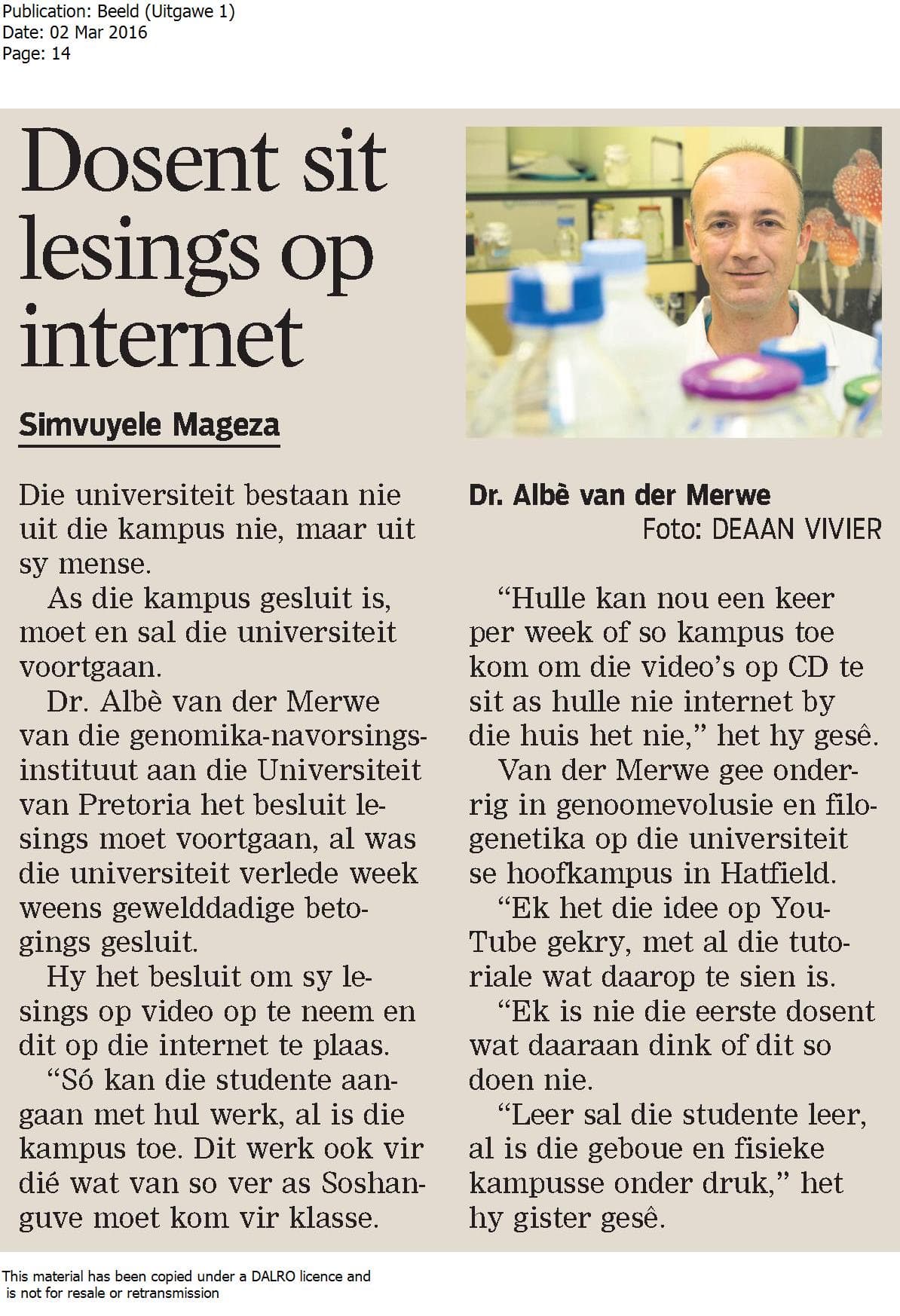 FABI lecturer’s dedication to his students’ education makes the news