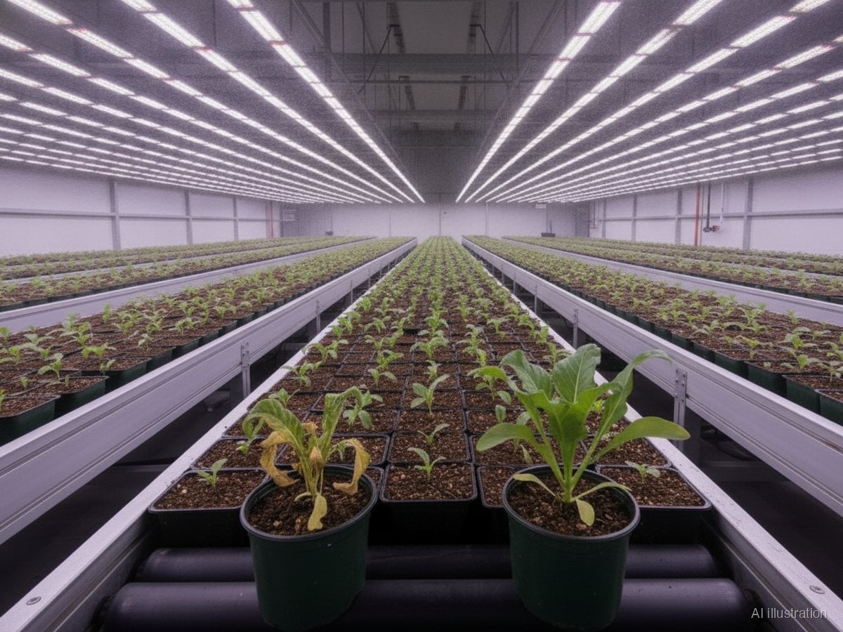 Rows of young crop plants in pots on conveyor benches under LED arrays, one drought-stressed plant beside a healthy one (illustration)