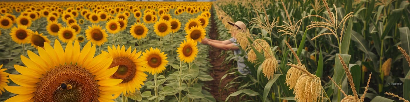 A sunflower field in full bloom with a honeybee on the nearest flower head, maize tassels shedding pollen at the field edge (illustration)