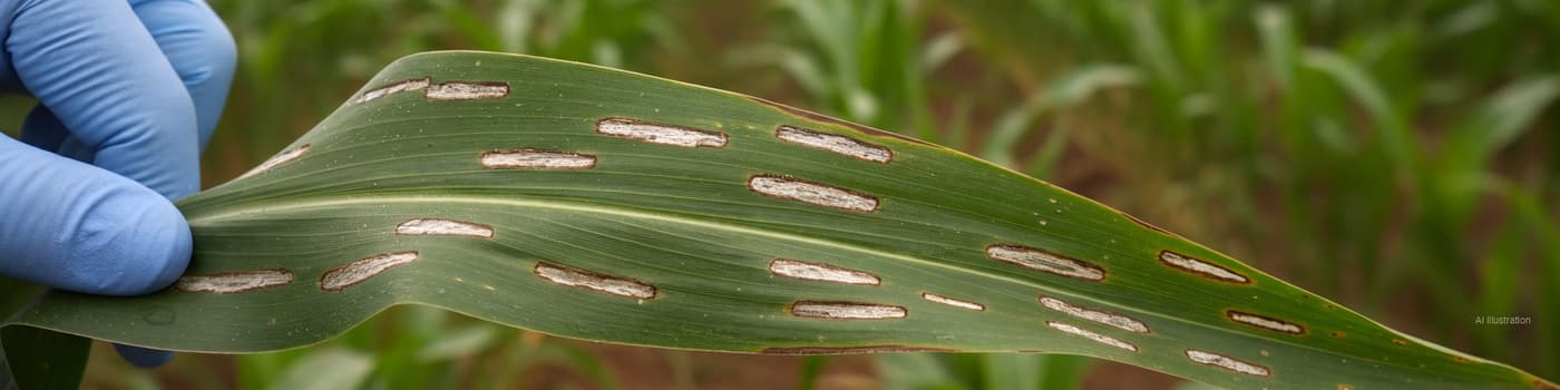 A maize leaf with long rectangular grey leaf spot lesions caused by Cercospora zeina, maize field behind (illustration)